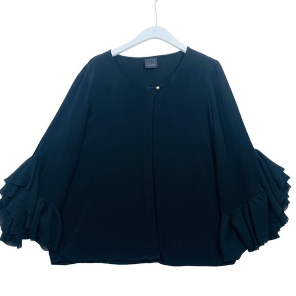 karen by Simonsen  black v. neck bell sleeve blouse with ruffles  size 38 - Picture 1 of 13